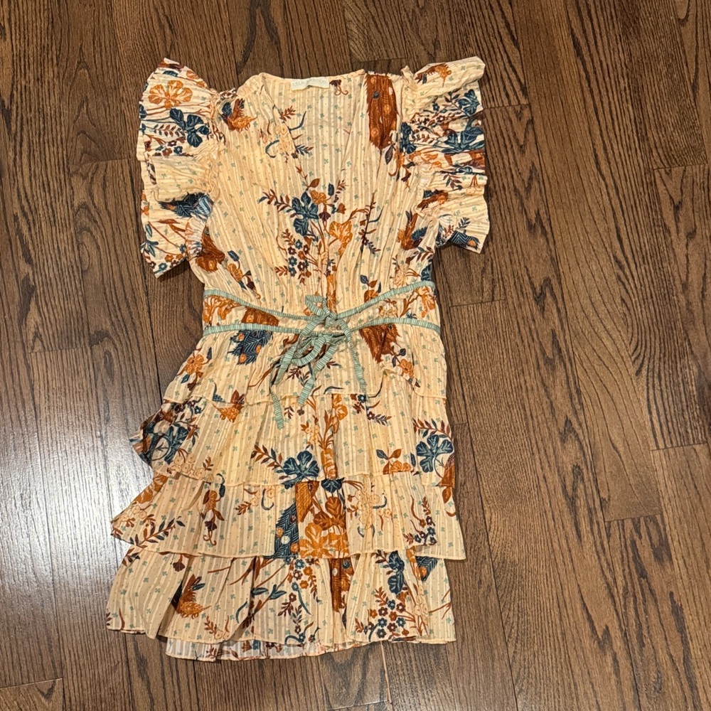 Ulla Johnson Floral Ruffle Mini Dress - Cream and Blue
